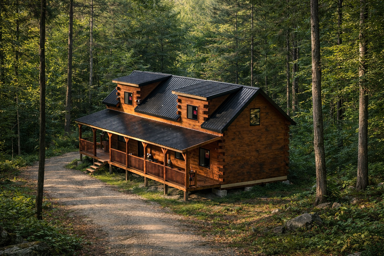 Finished two-story log cabin with wrap-around porch in the woods